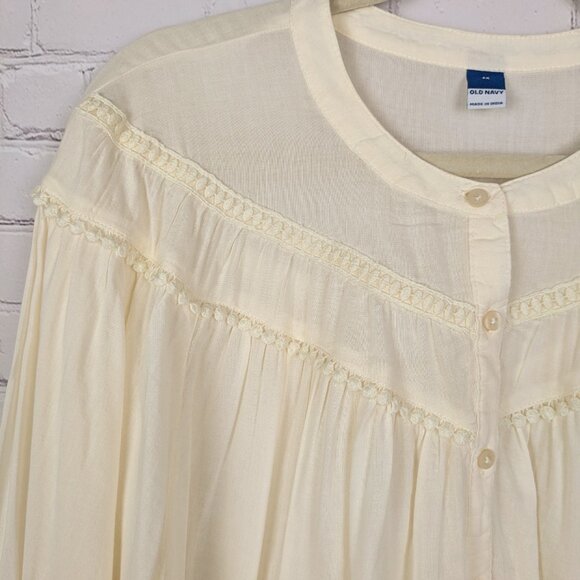 Old Navy Blouse Womens 2X Ivory Sheer Crochet Trim Balloon Sleeve Boho Victorian - Picture 4 of 13